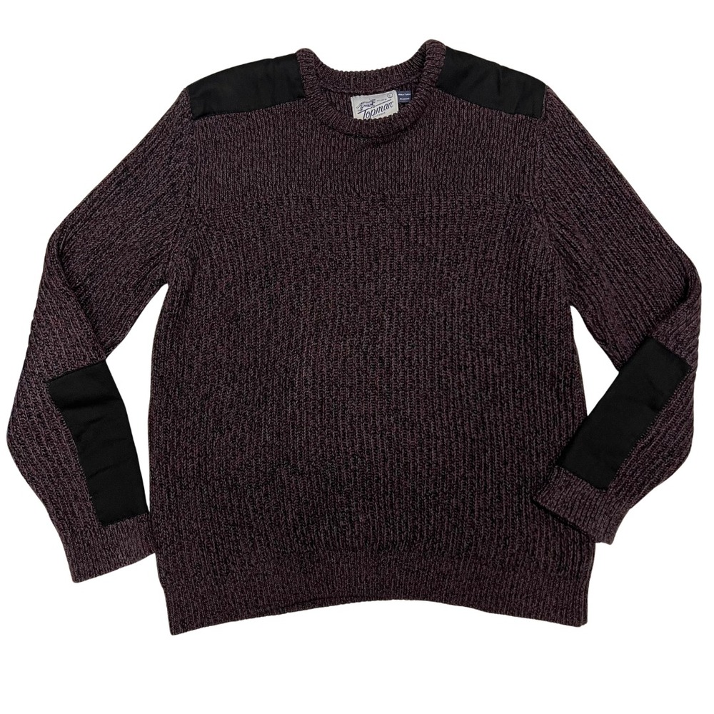 Topman Men's Knit Sweater Large Maroon Black Patches Crew‎ Neck Cotton Warm